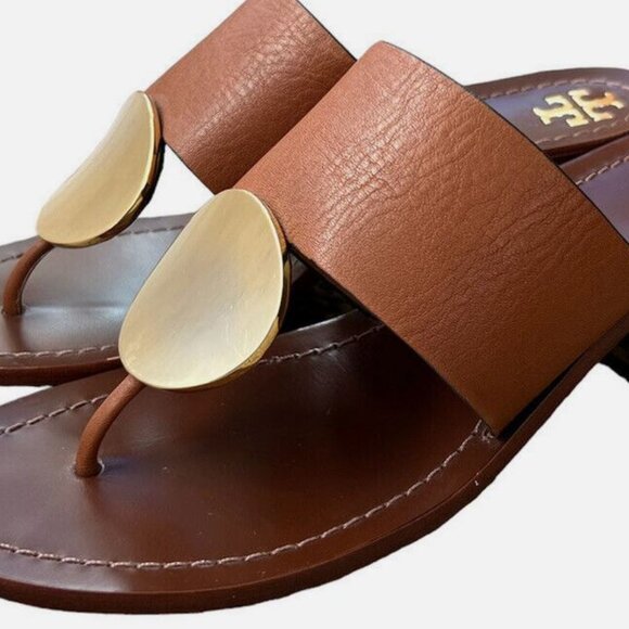 BRAND NEW Tory Burch sz 6.5 Patos Disk Leather Sandal Mou Brown / Gold - Picture 4 of 6